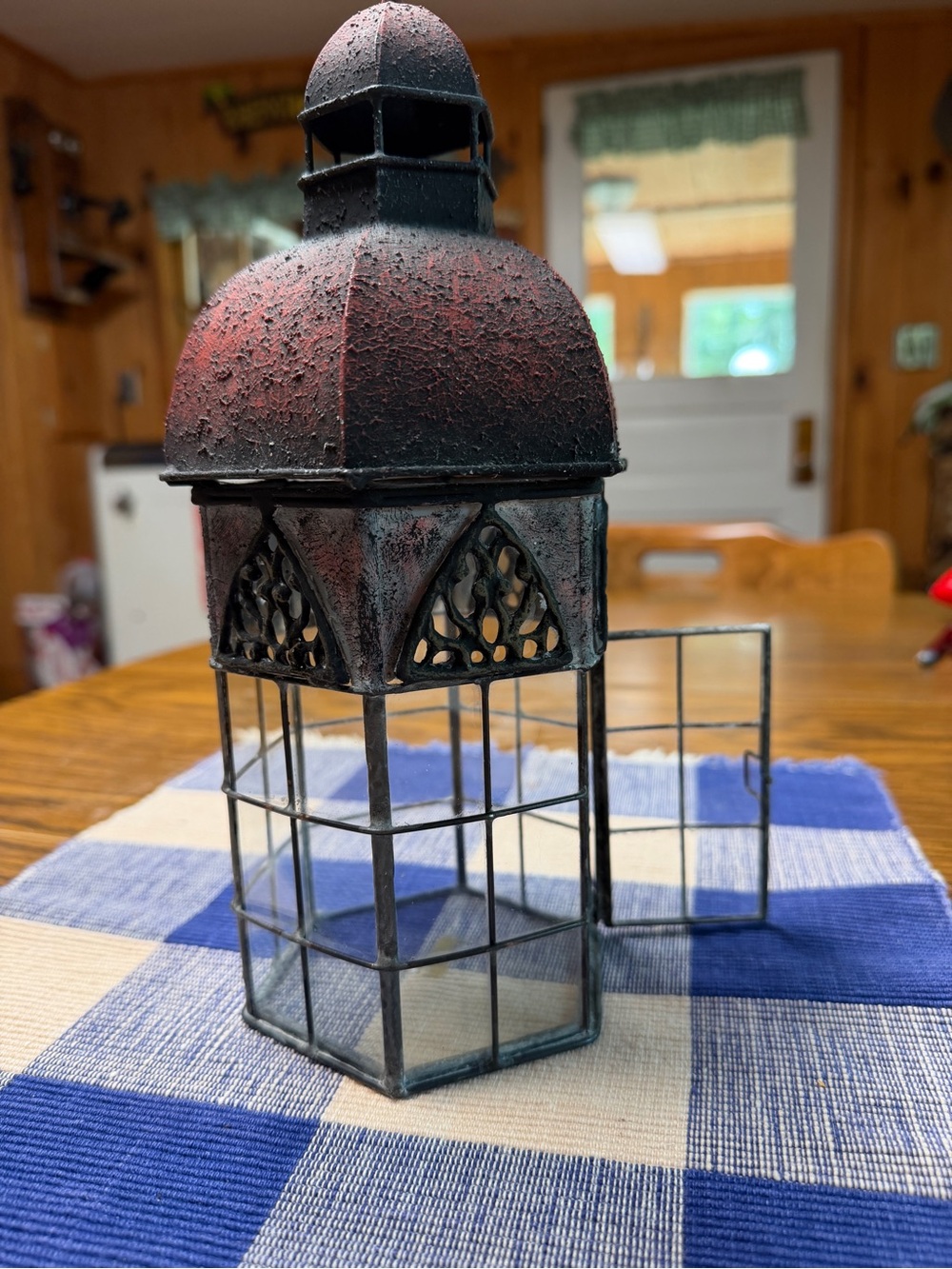 Rustic Red Metal Lantern/Terrarium- Home Accents